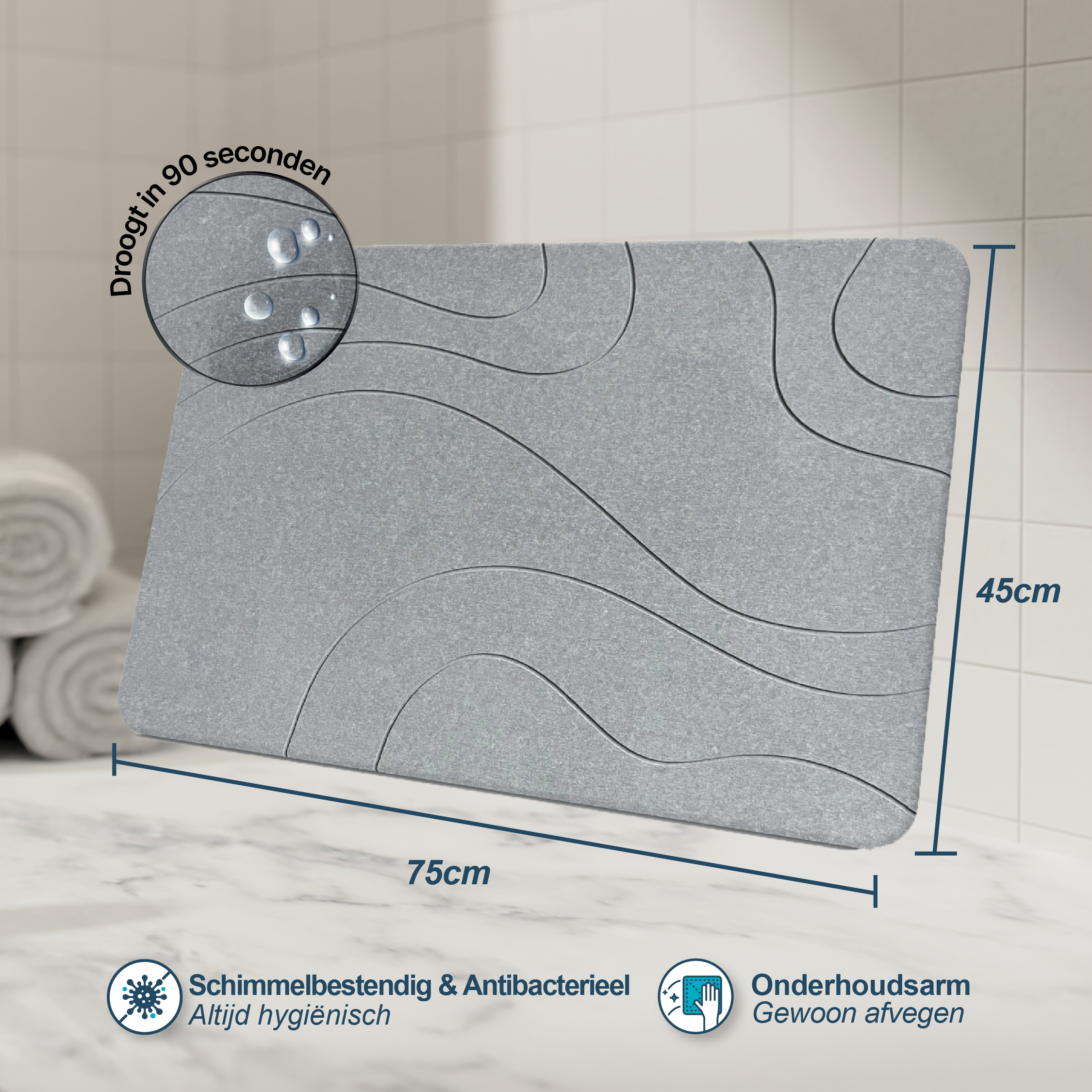 Tapis de bain en pierre diatomité XL - Séchage rapide naturel - Hygiénique - Anti-moisissure et élégant 75x45cm