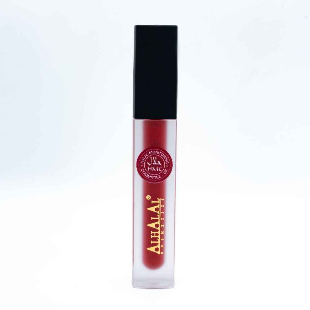 Rouge à lèvres liquide lisse d’Alhalal Cosmetics en rouge avec un bouchon noir