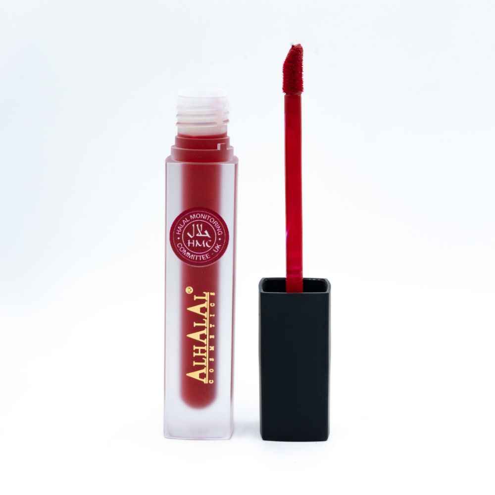 Rouge à lèvres liquide lisse d’Alhalal Cosmetics rouge avec applicateur et emballage transparent