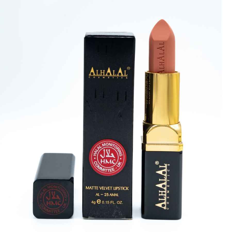 Rouge à lèvres en velours mat marron d’Alhalal Cosmetics avec étui doré et emballage noir