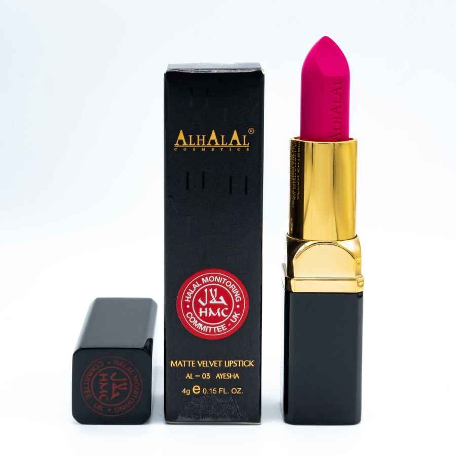 Rouge à lèvres en velours mat d’Alhalal Cosmetics en rose vif en emballage GREY