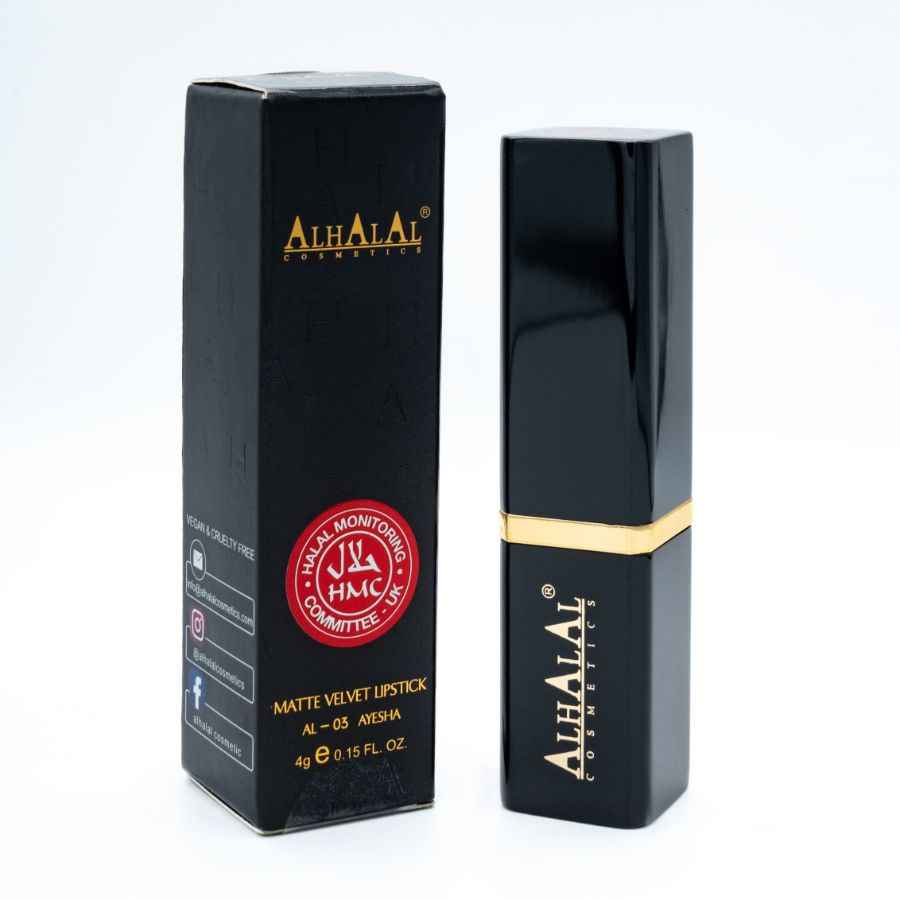 Emballage et pochette en rouge à lèvres en velours mat d’Alhalal Cosmetics noir avec accents dorés Rouge à lèvres GREY