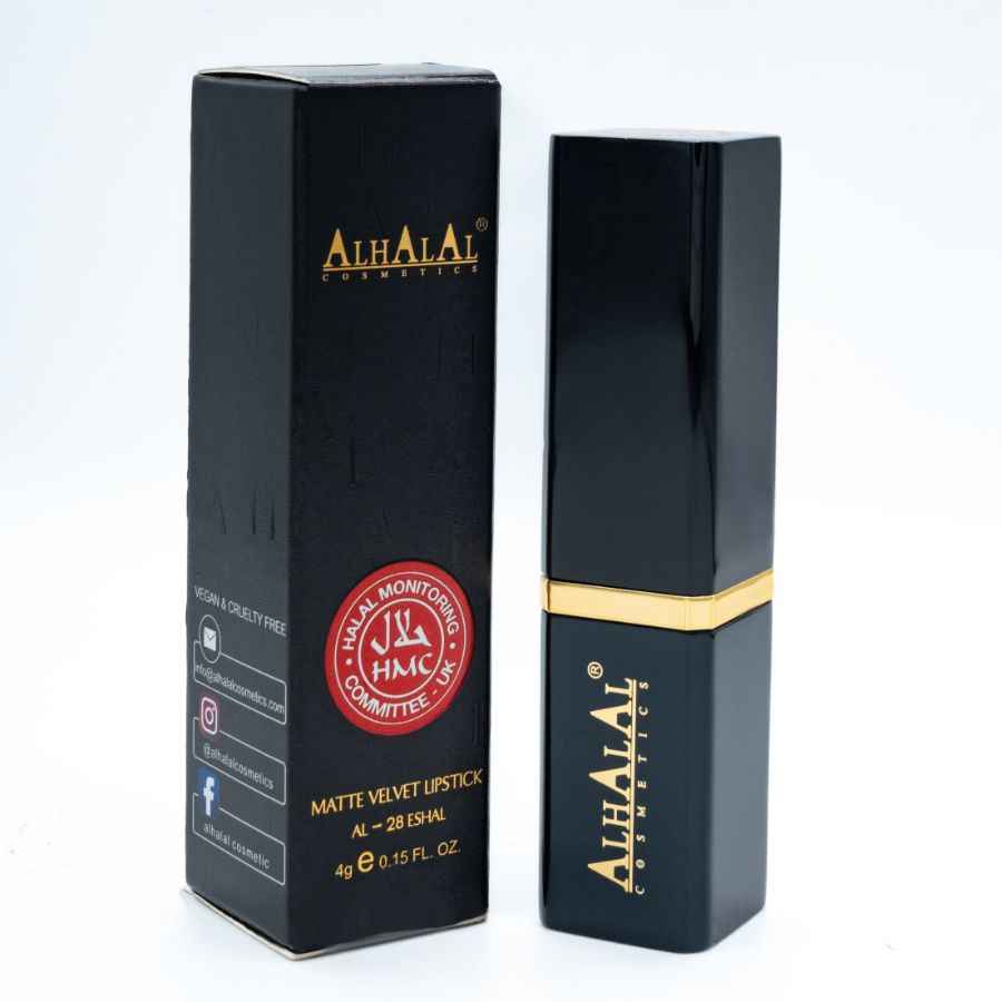ROUGE À LÈVRES en velours mat d’Alhalal Cosmetics dans un étui noir avec accents dorés et emballage