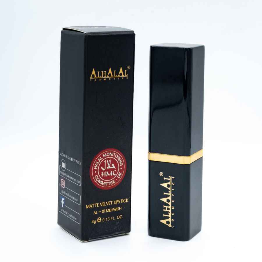 Emballage et pochette de rouge à lèvres en velours noir mat Alhalal Cosmetics et manche ROUGE à lèvres en velours
