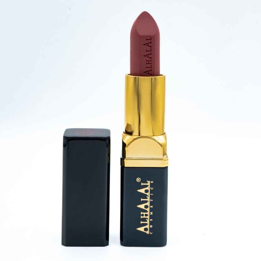 Rouge à lèvres velours Alhalal Cosmetics dans un étui de luxe en or noir à couleur rose foncé