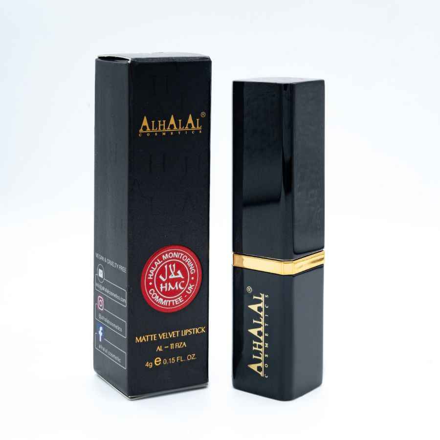 Alhalal Cosmetics Crème Rouge à lèvres en velours mat en emballage et pochette noirs avec des détails dorés