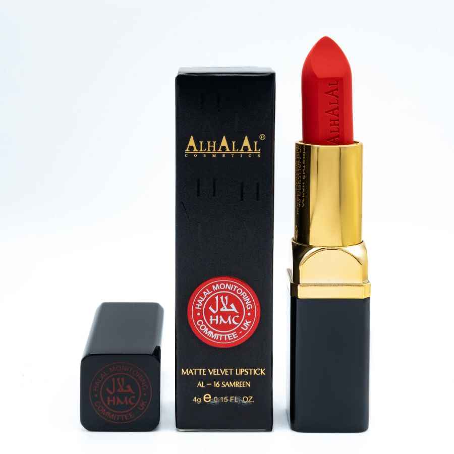 Alhalal Cosmetics MILANO LIPSTICK MELANO en velours mat d’un rouge riche avec un emballage noir et or