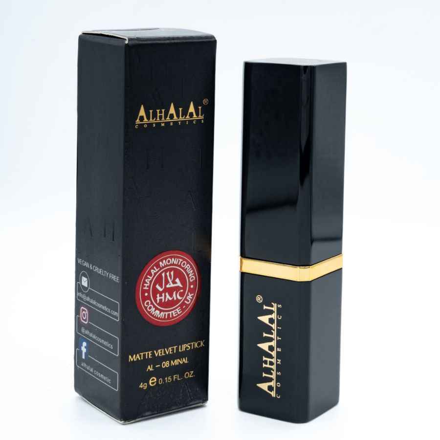 Alhalal Cosmetics Rouge à lèvres en velours mat noir avec accents dorés et la marque OLD LIPSTICK