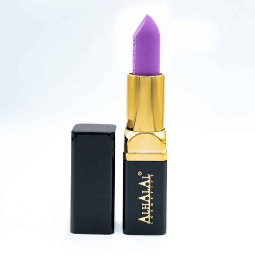 Rouge à lèvres violet Alhalal Cosmetics en velours avec manchette dorée et noire