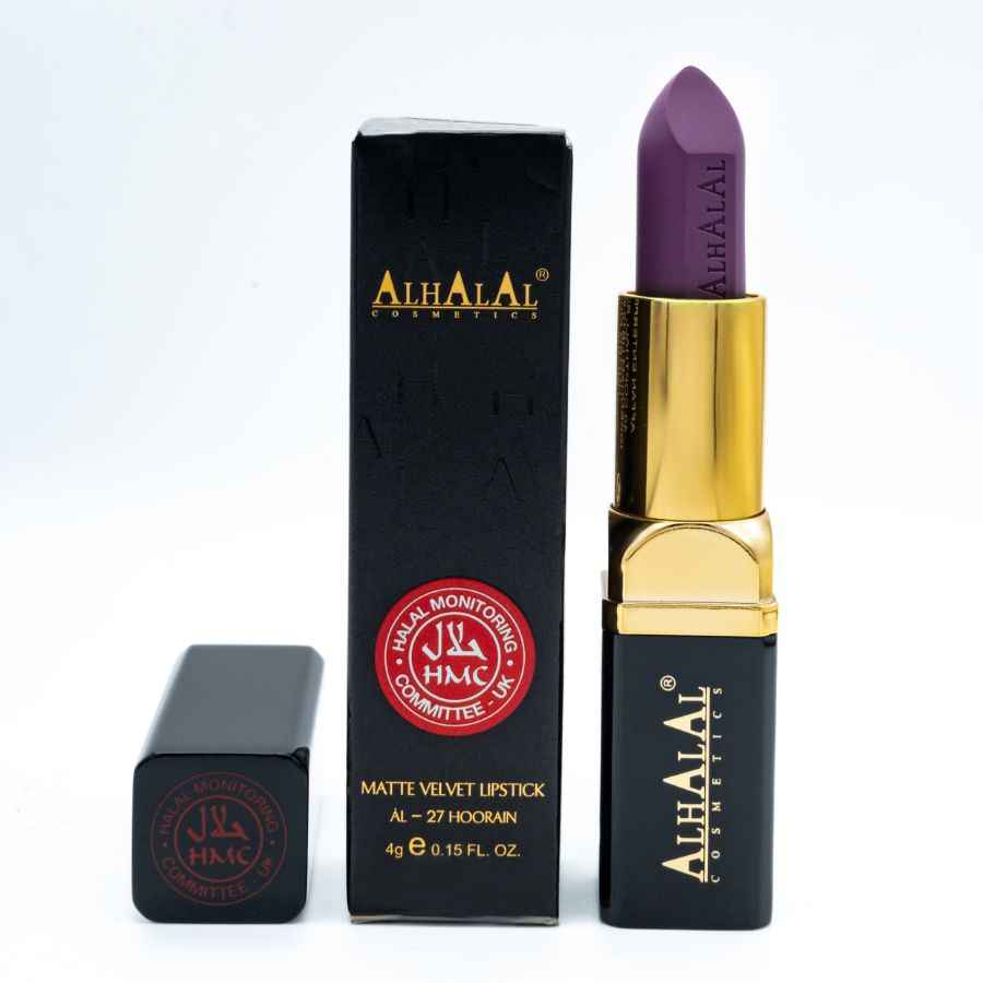 ROUGE À LÈVRES VIOLET d’Alhalal Cosmetics en velours avec une pochette dorée et noire