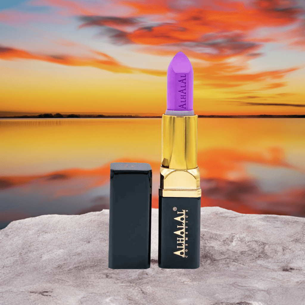 Alhalal Cosmetics PARSE LIPSTICK Rouge à lèvres en velours violet avec une pochette dorée au coucher du soleil