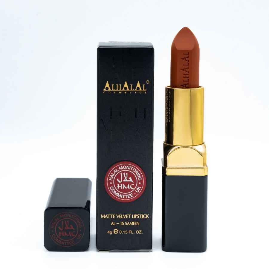 Rouge à lèvres en velours mat d’Alhalal Cosmetics en marron avec manchon noir et or ROUGE À LÈVRES CACAHUÈTE
