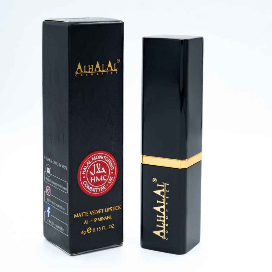 Rouge à lèvres rouge Alhalal Cosmetics en emballage en velours noir mat avec des accents dorés