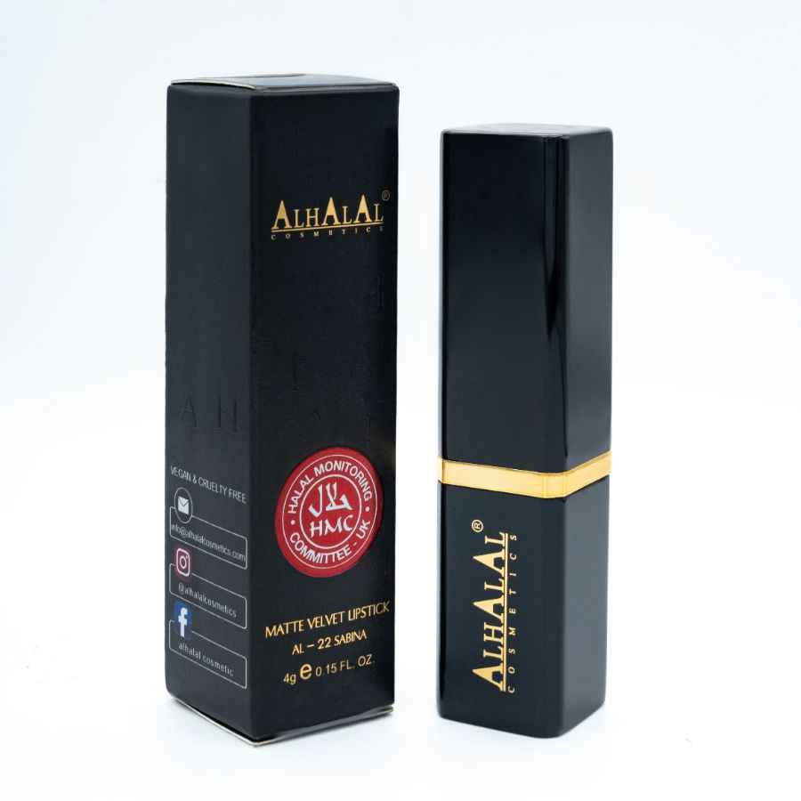 Alhalal Cosmetics Matte Velvet Lipstick en emballage noir pour un aspect rose doux de lèvres