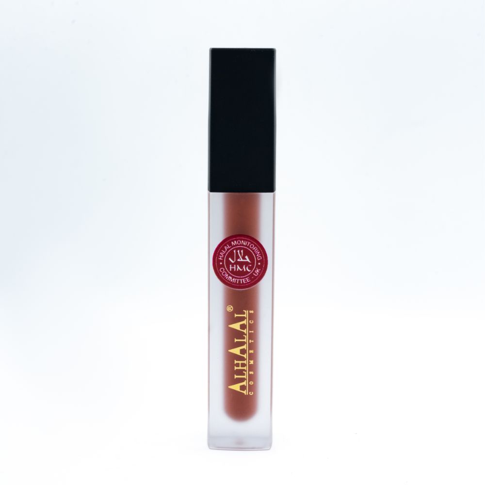 Gloss liquide Alhalal Cosmetics rouge mat avec un bouchon noir et certificat halal