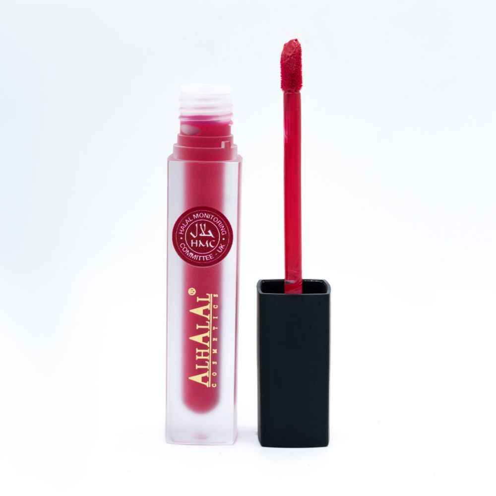 Rouge à lèvres liquide Alhalal Cosmetics en tube mat avec un applicateur rouge