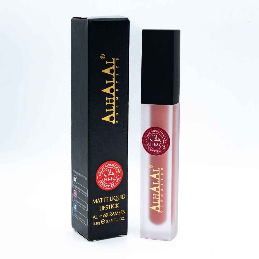 Rouge à lèvres liquide Alhalal Cosmetics en rose mat avec emballage noir