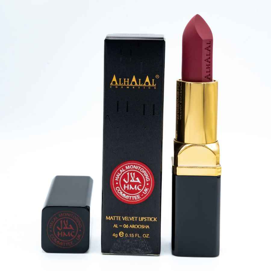 Alhalal Cosmetics Matte Velvet Wine Lip Tift de couleur rouge profond avec un emballage noir et or