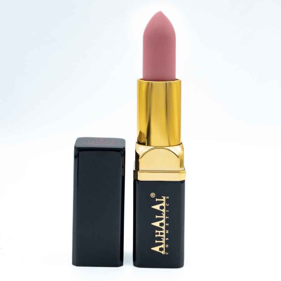 Rouge à lèvres velours Alhalal Cosmetics en rouge à lèvres marron doux avec étui noir et or